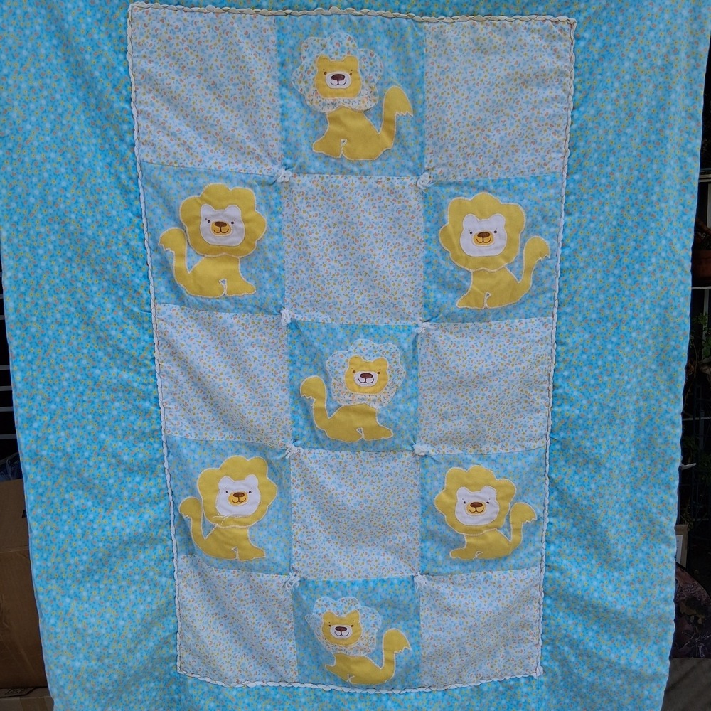 Vintage 70s 80s Baby Blanket Quilt Blue Calico Floral Applique Yellow Lion Patch